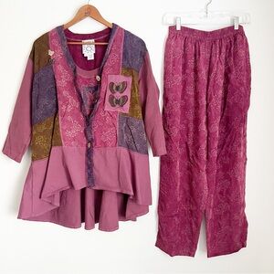 Vintage 90s Surya Art Wear Outfit Top Pant Tank Patchwork Bead Boho Lagenlook L